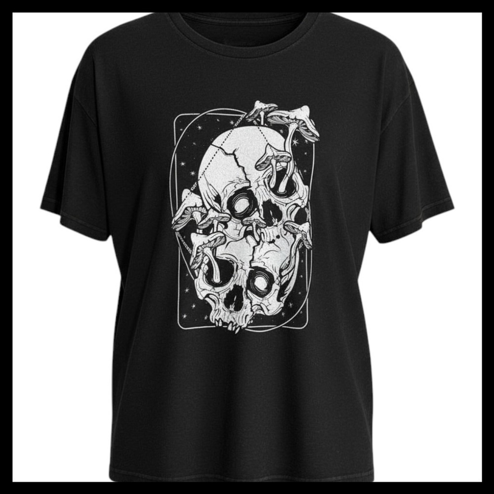 Threadless Skulls and Mushrooms Graphic Tee Black Short Sleeve T-Shirt Mens LG